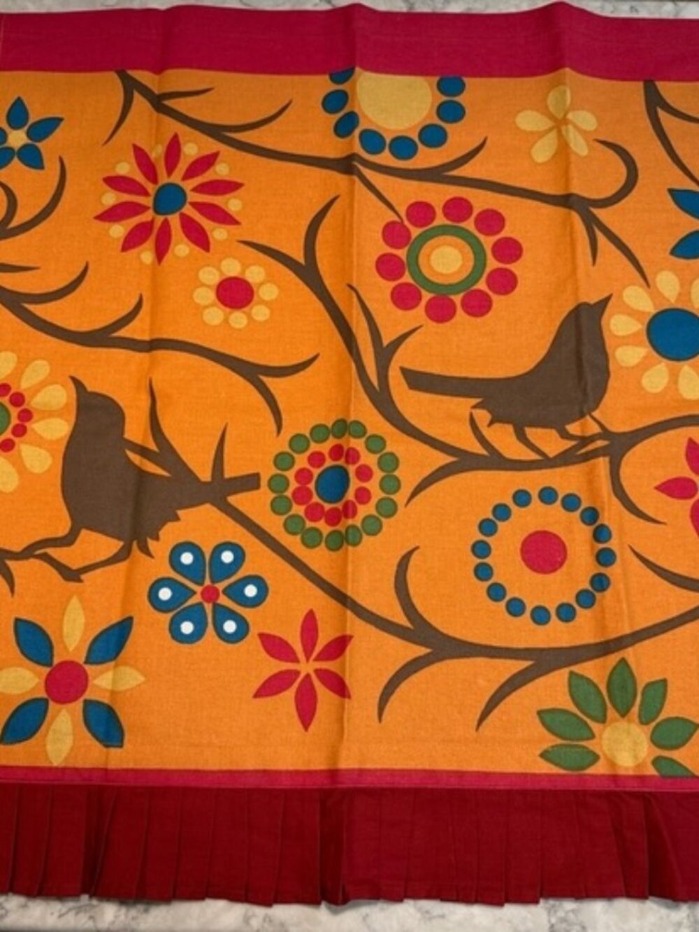 Bright Orange Pennsylvania Dutch Floral Bird Pattern Apron/Marimekko Brand